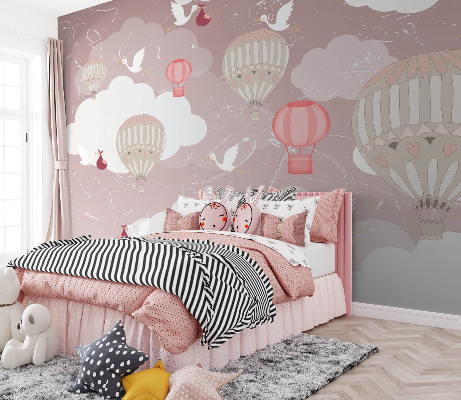 Fotobehang tussen ballonnen brengen ooievaars kinderen