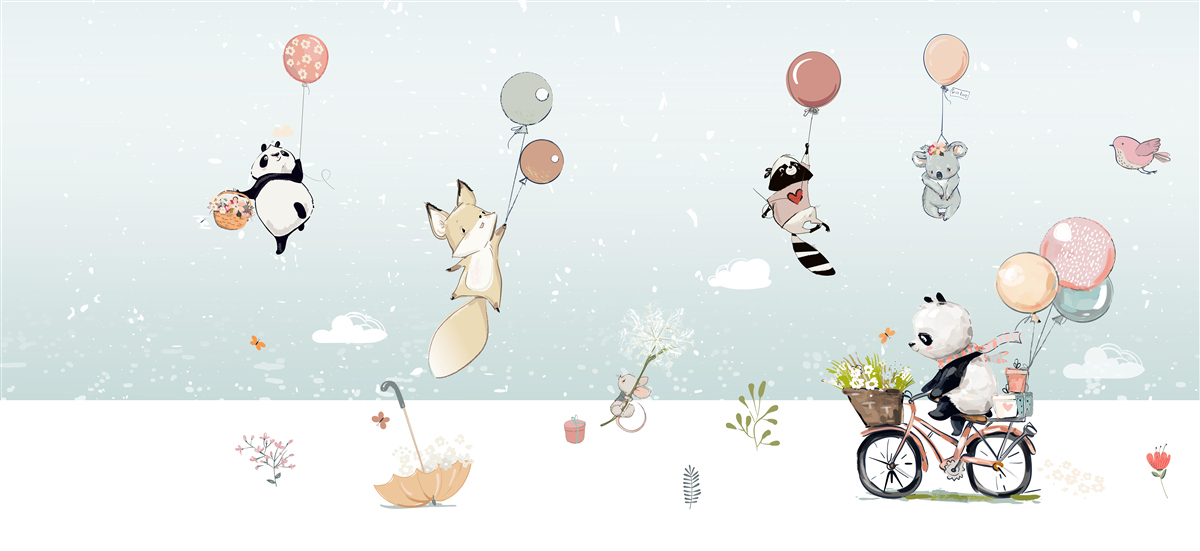 Fotobehang dieren zweven op ballonnen en een panda rijdt op een fiets