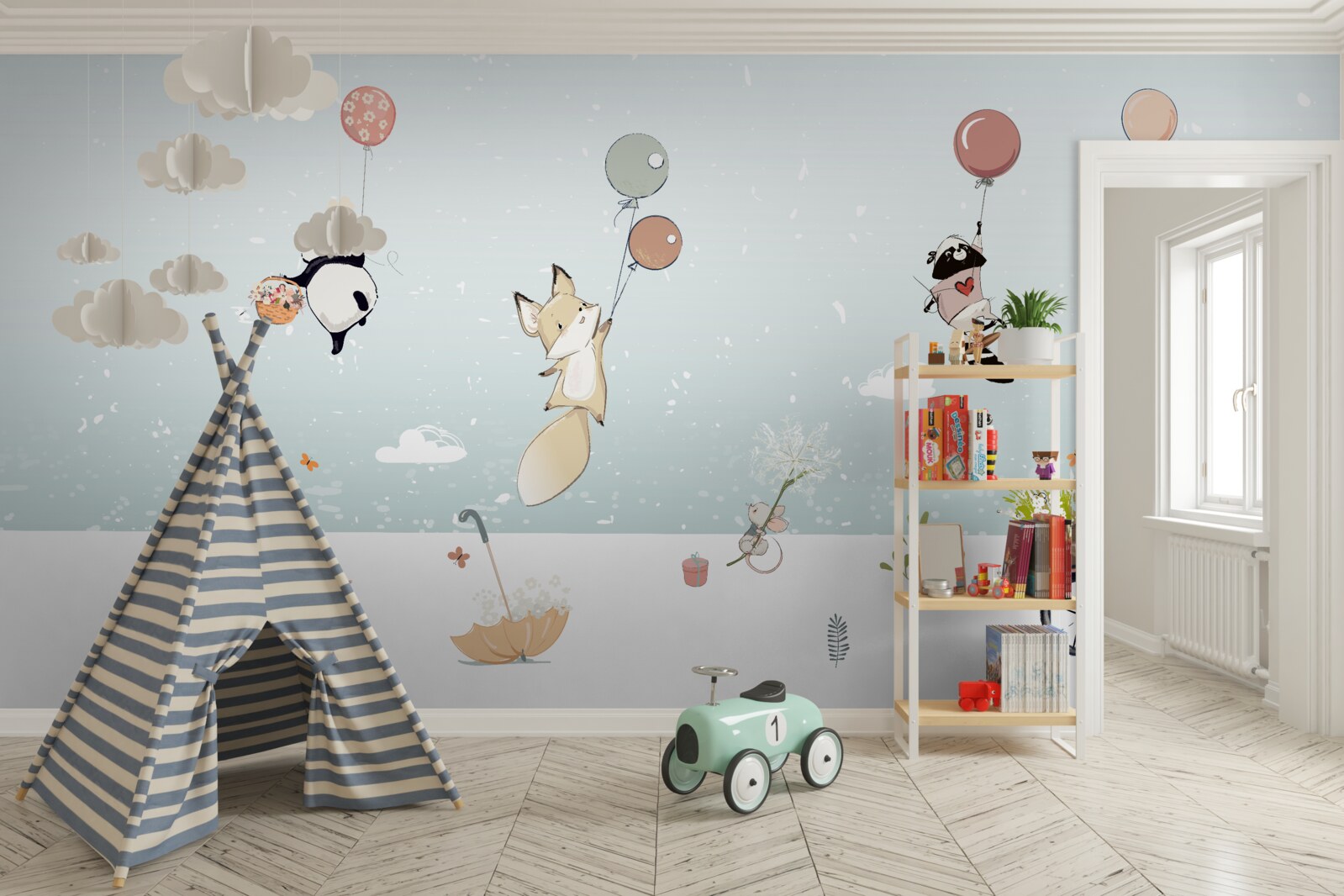 Fotobehang dieren zweven op ballonnen en een panda rijdt op een fiets