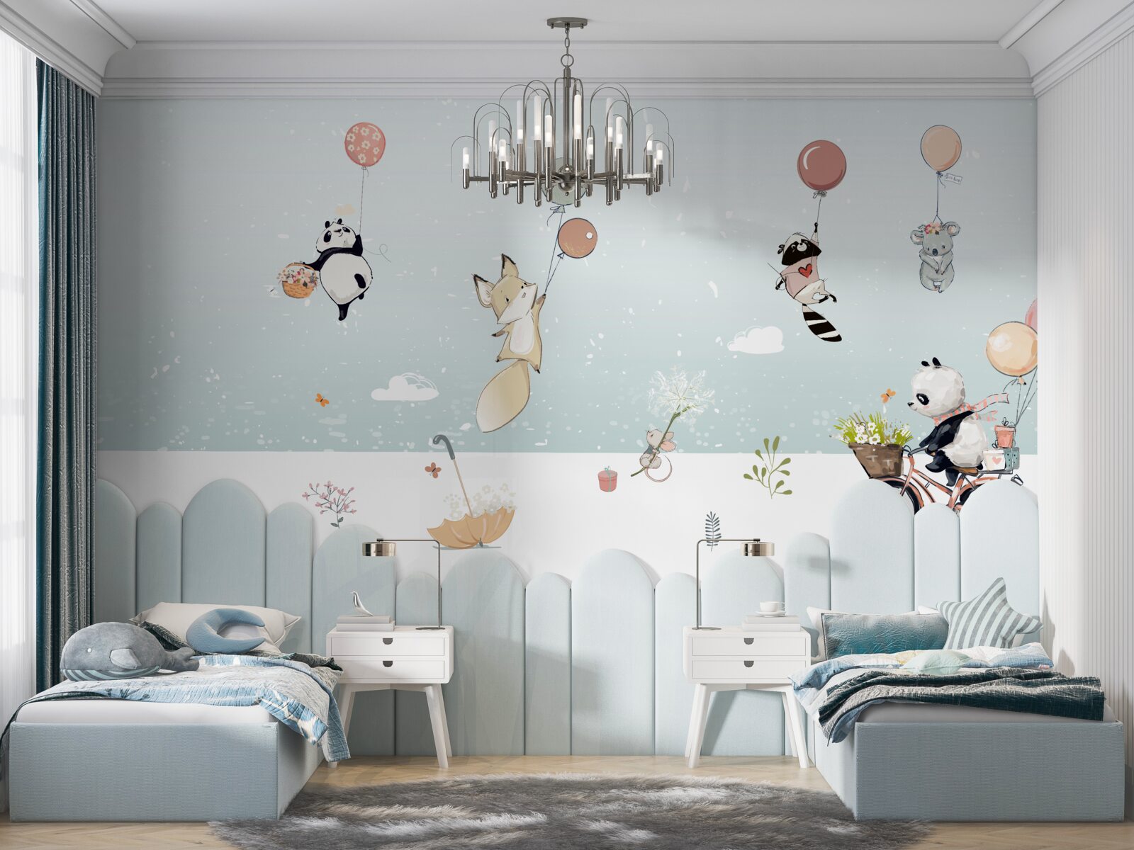 Fotobehang dieren zweven op ballonnen en een panda rijdt op een fiets