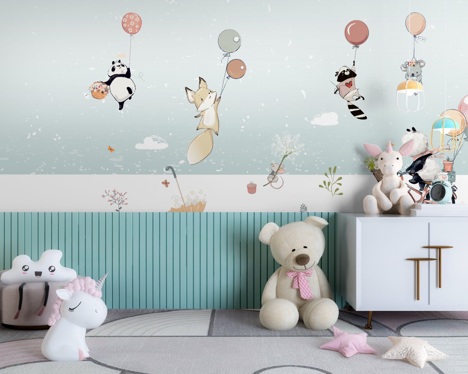 Fotobehang dieren zweven op ballonnen en een panda rijdt op een fiets