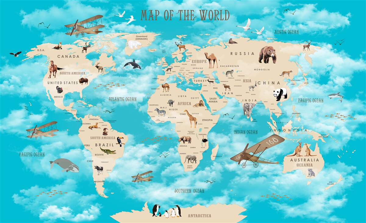 Fotobehang wereldkaart met details op een turquoise achtergrond