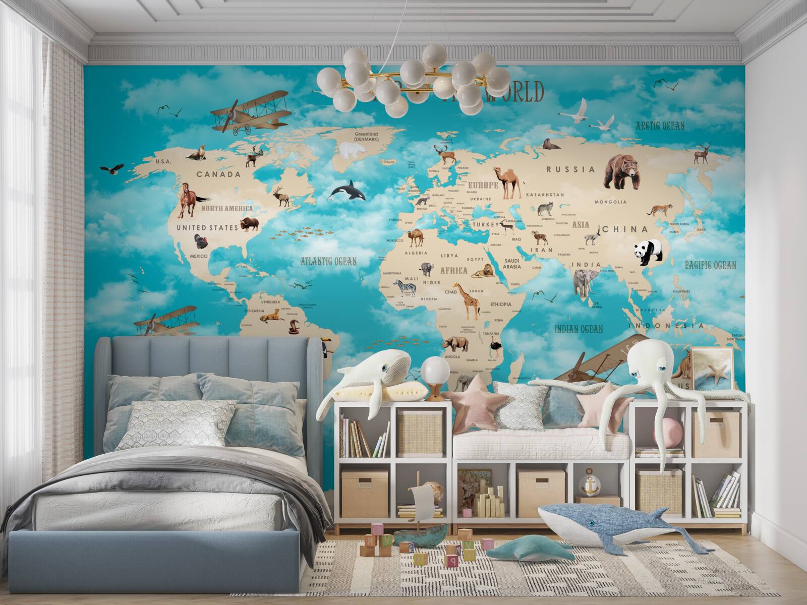 Fotobehang wereldkaart met details op een turquoise achtergrond