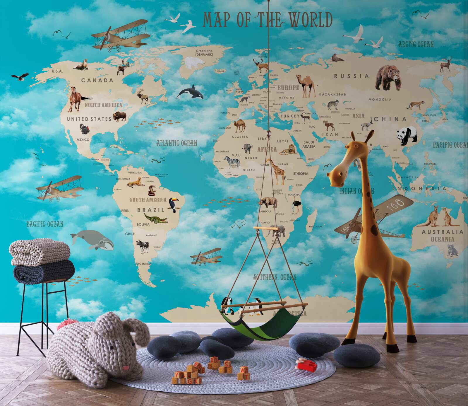 Fotobehang wereldkaart met details op een turquoise achtergrond