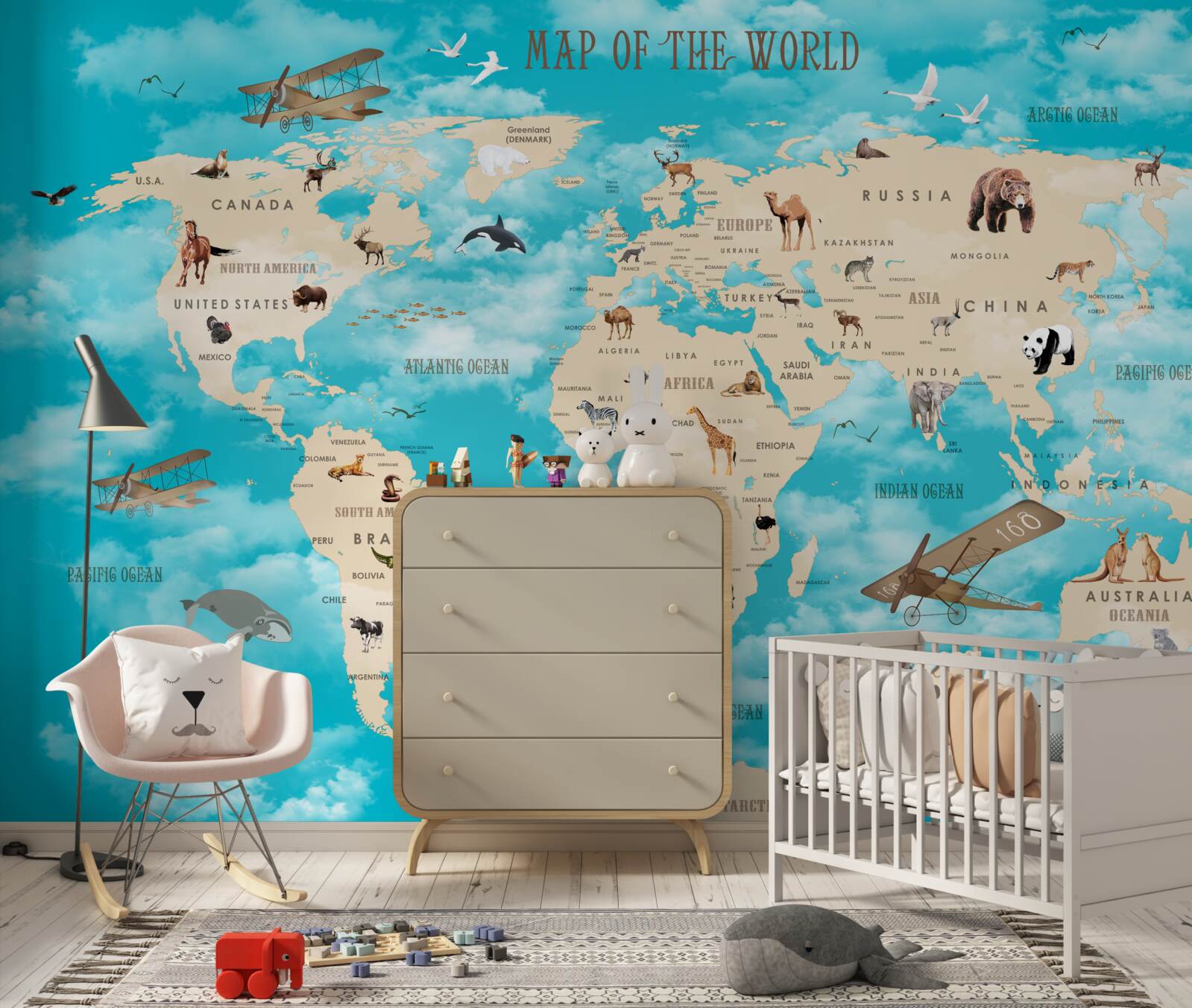 Fotobehang wereldkaart met details op een turquoise achtergrond