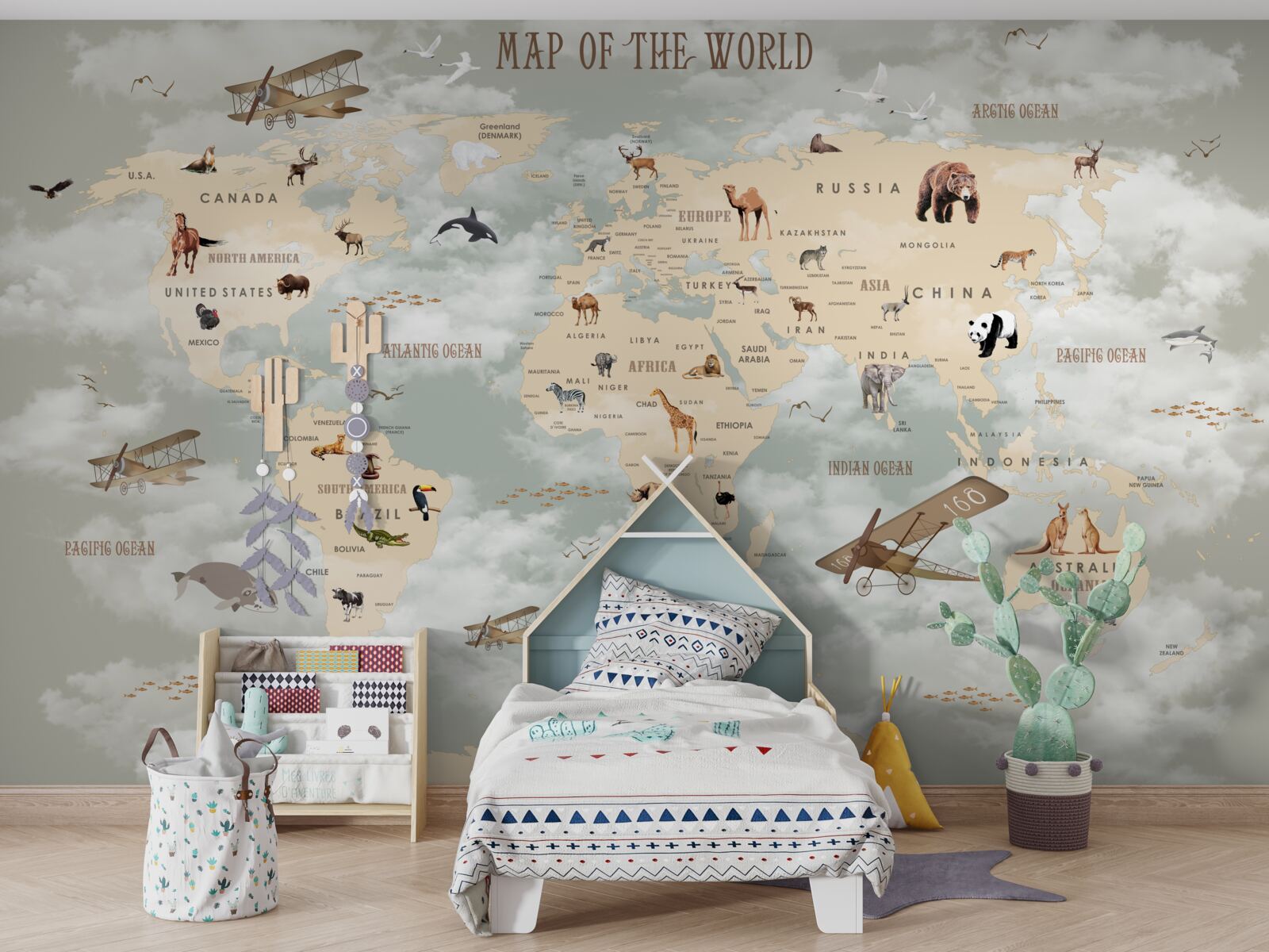 Fotobehang wereldkaart met dieren en transport