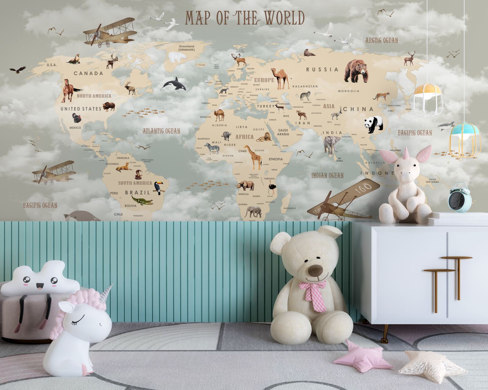 Fotobehang wereldkaart met dieren en transport