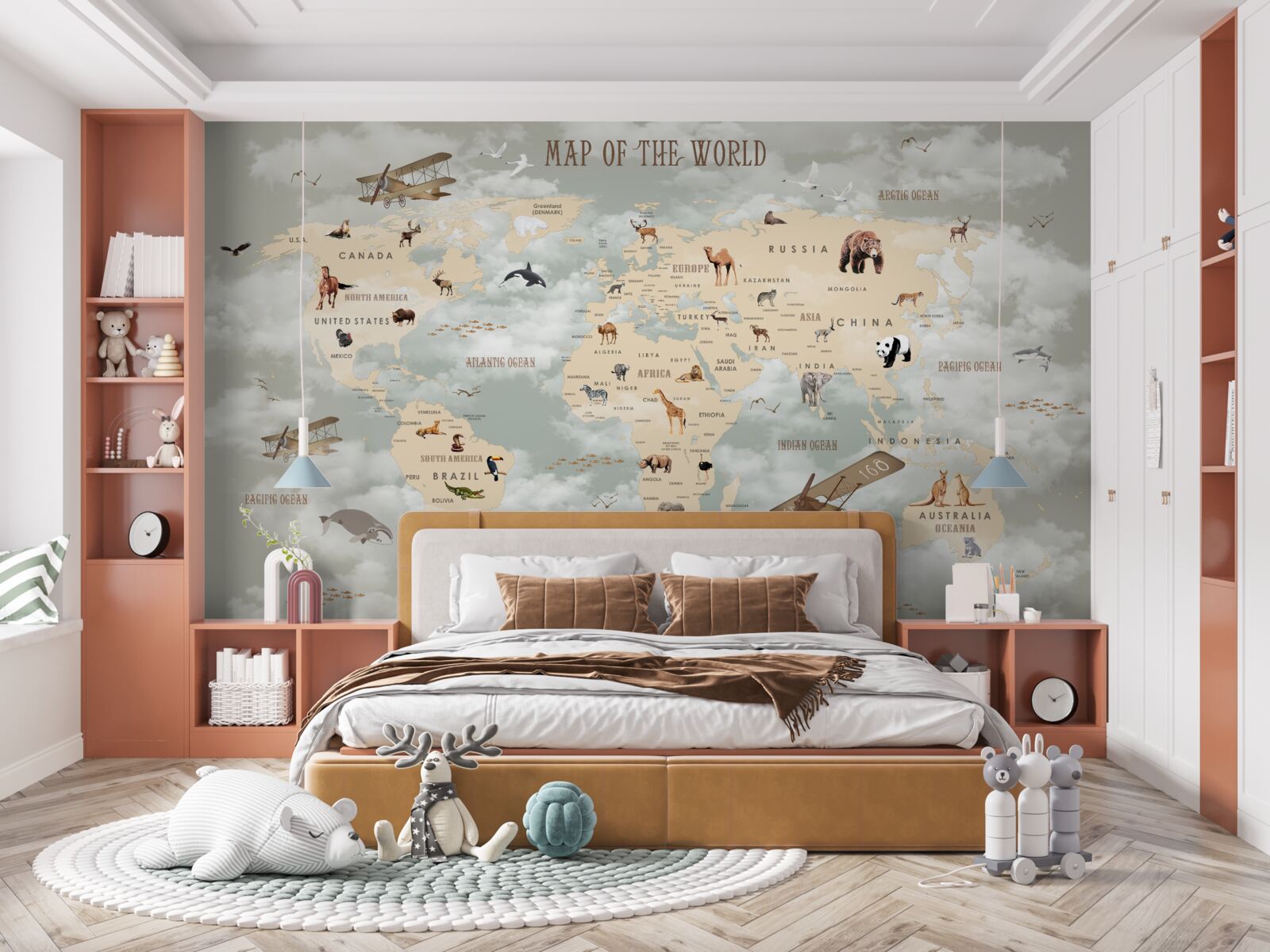 Fotobehang wereldkaart met dieren en transport