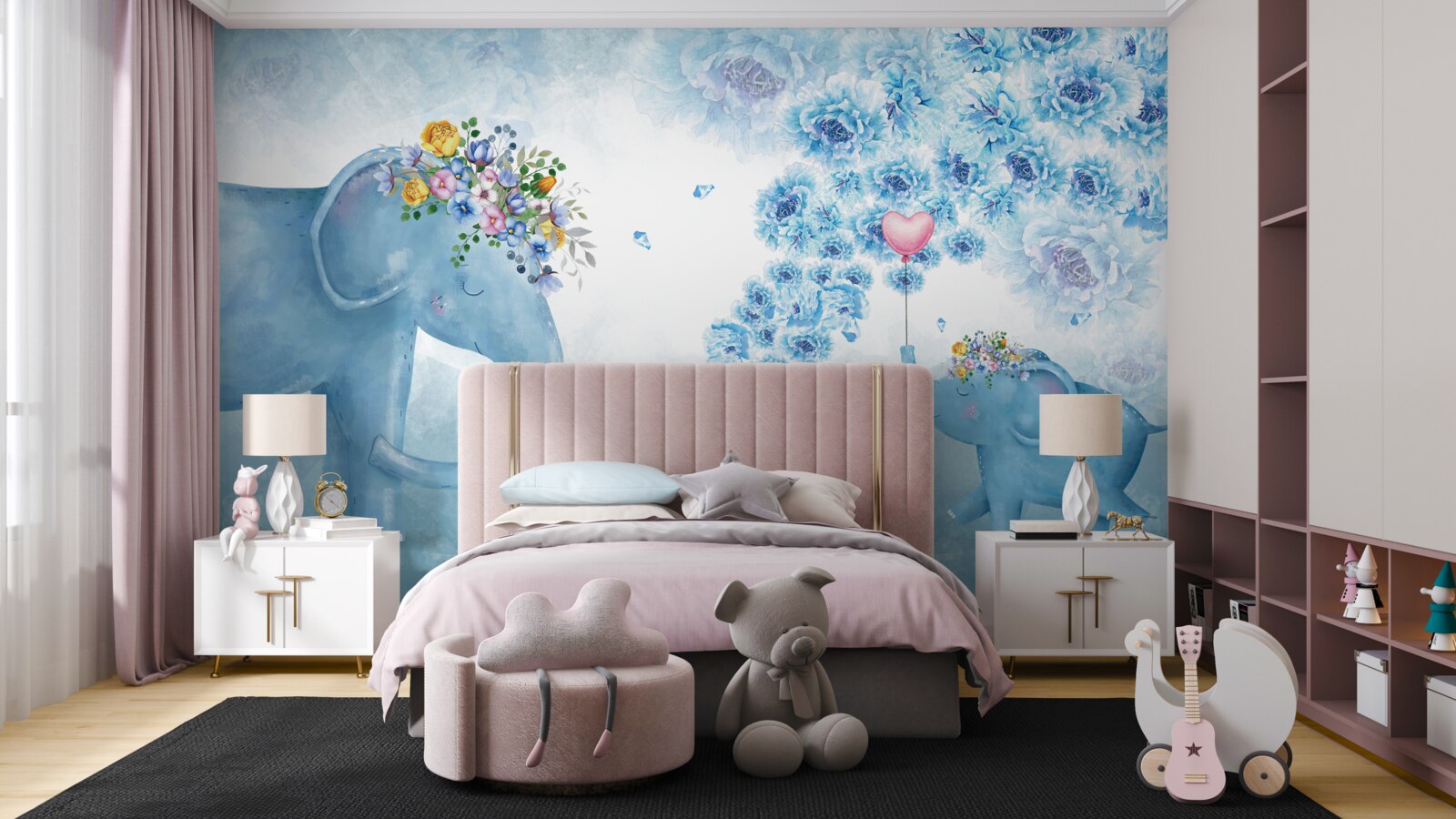 Fotobehang olifantjes met bloemen