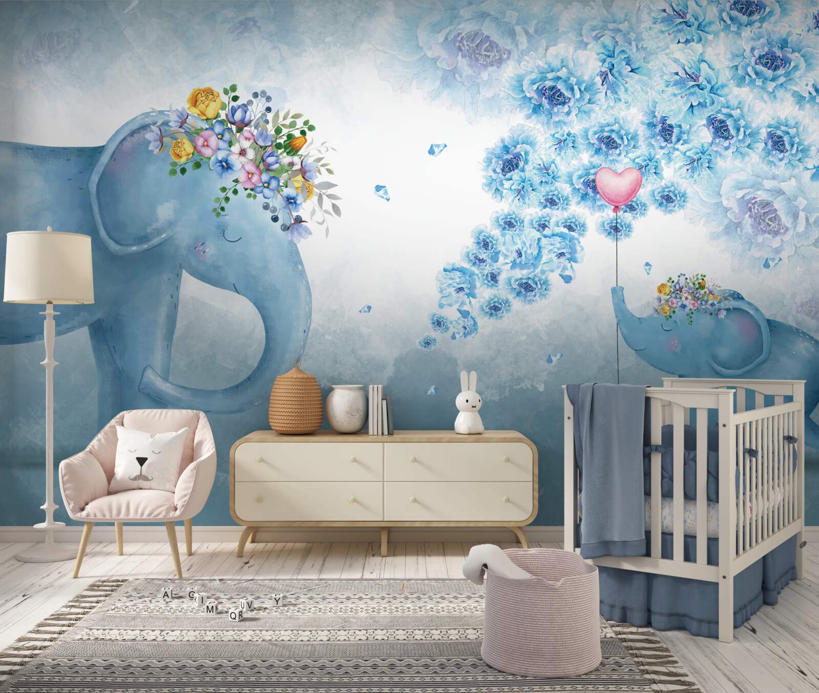 Fotobehang olifantjes met bloemen