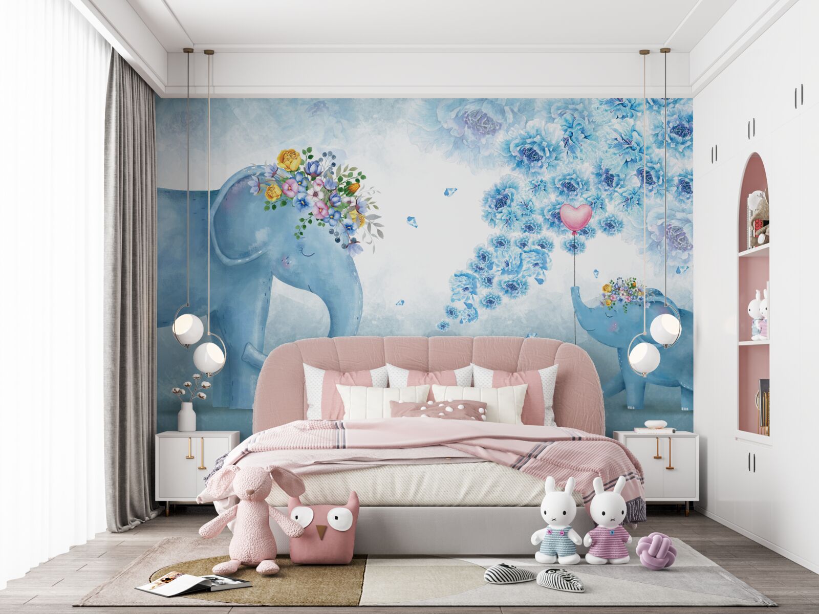 Fotobehang olifantjes met bloemen