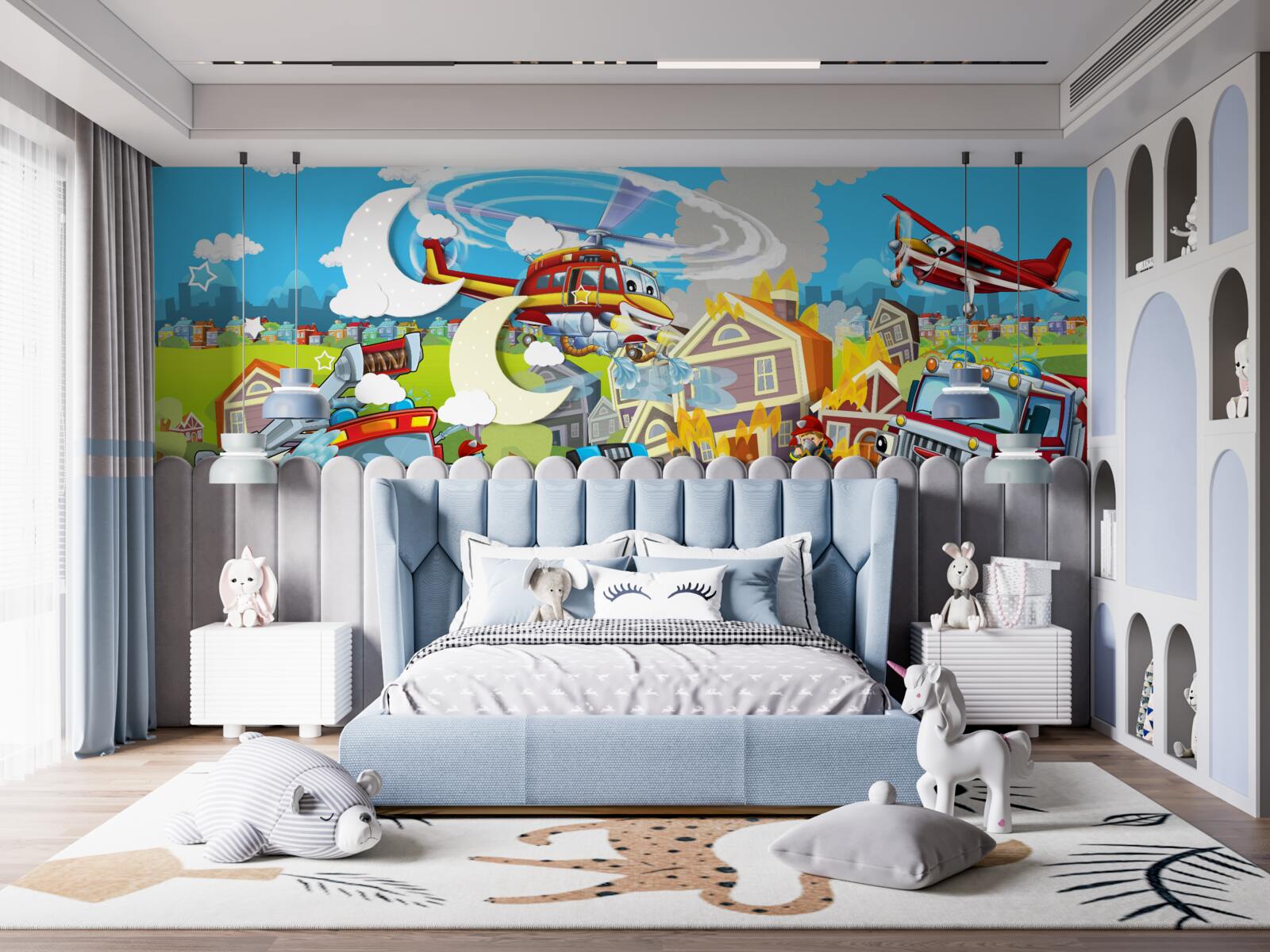 Fotobehang brandweerlieden en verschillende soorten transport