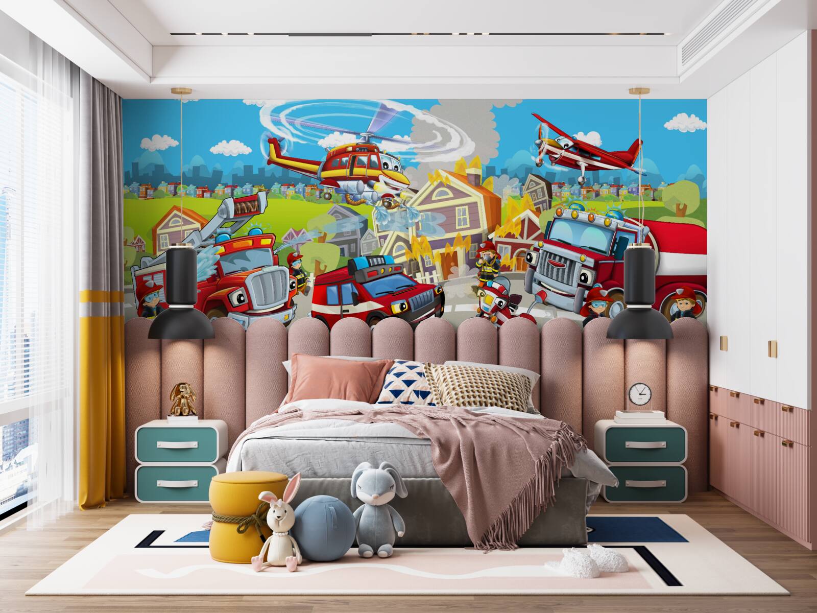 Fotobehang brandweerlieden en verschillende soorten transport