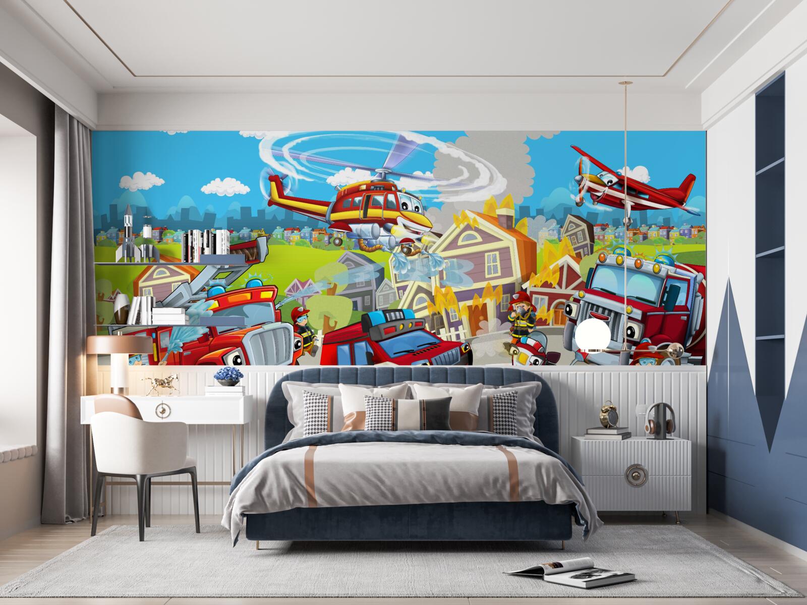 Fotobehang brandweerlieden en verschillende soorten transport