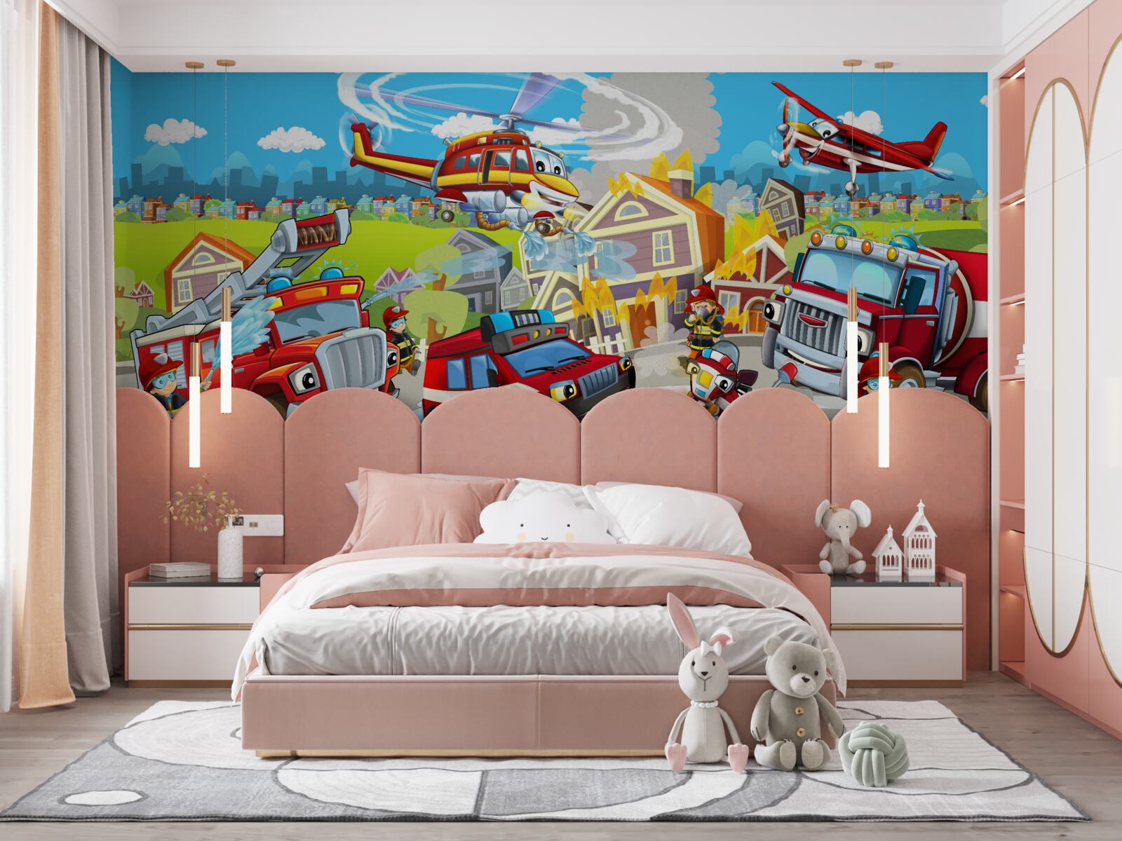 Fotobehang brandweerlieden en verschillende soorten transport