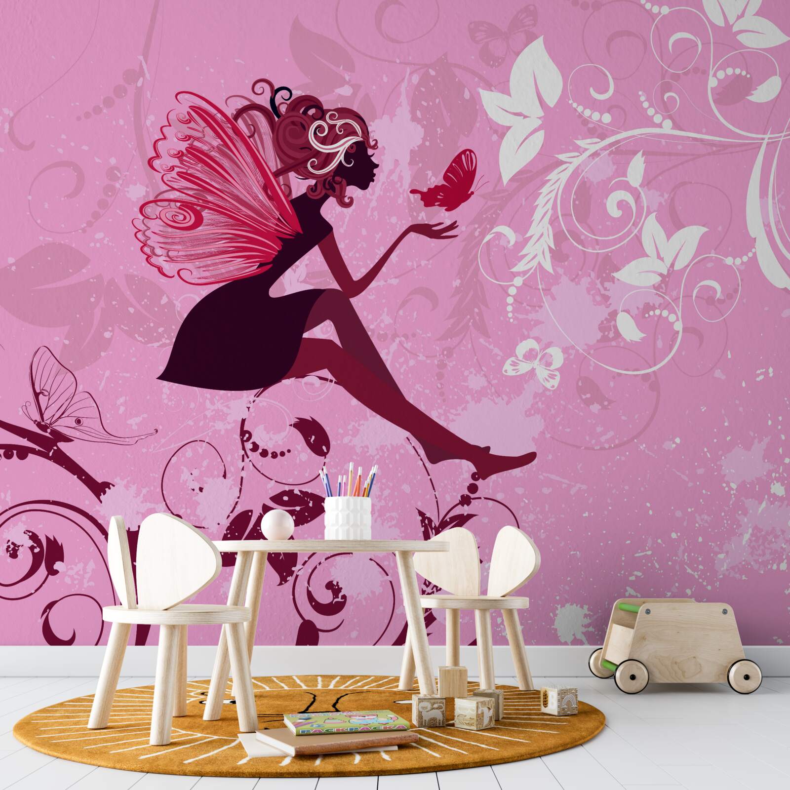 Fotobehang het meisje ging op de tak van een plant zitten