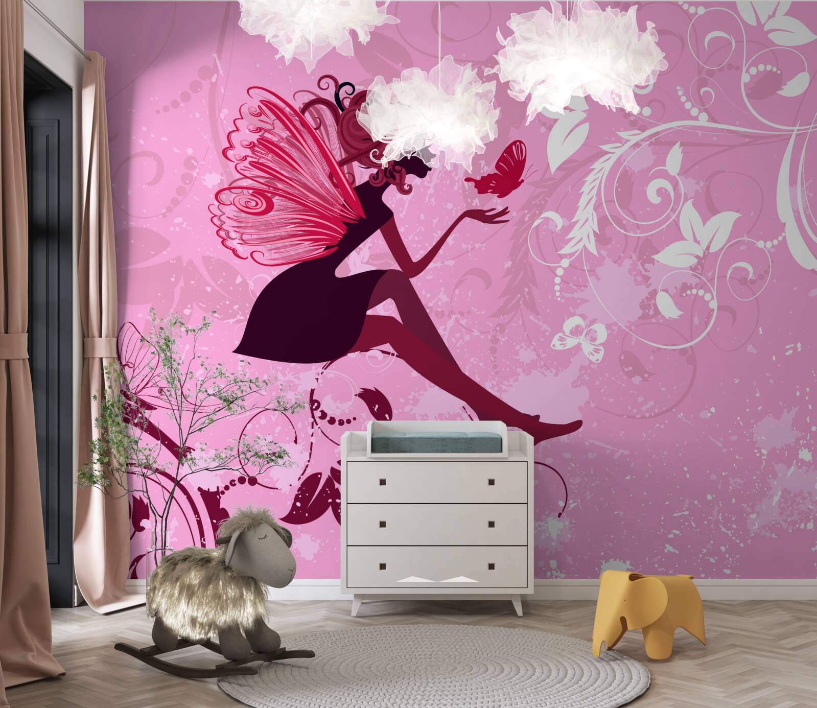 Fotobehang het meisje ging op de tak van een plant zitten