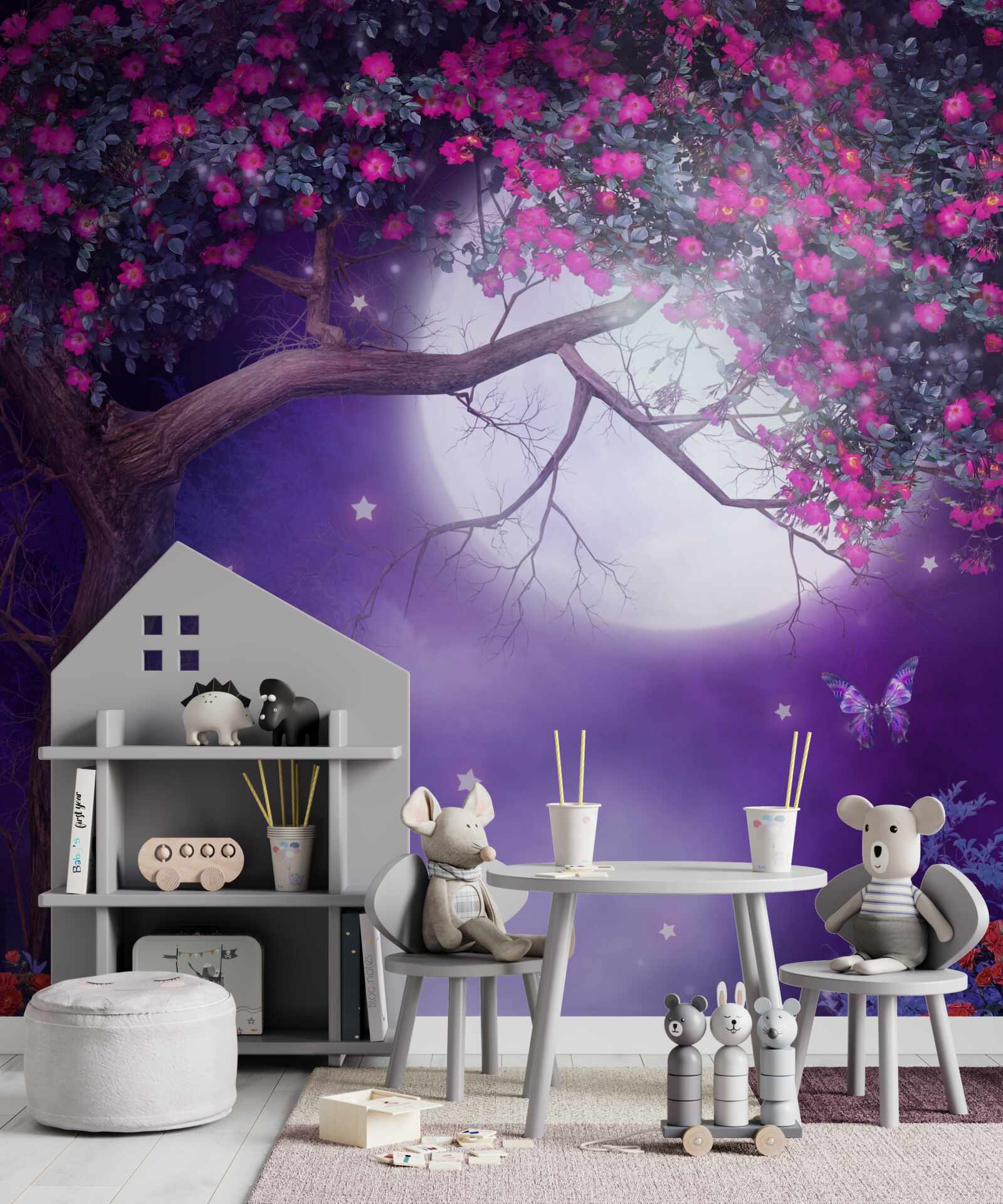 Fotobehang de maan staat in volle gloed en de boom staat in bloei