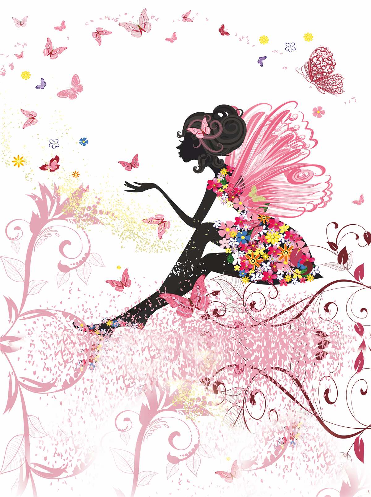 Fotobehang beeld van een meisje omringd door vlinders en bloemen