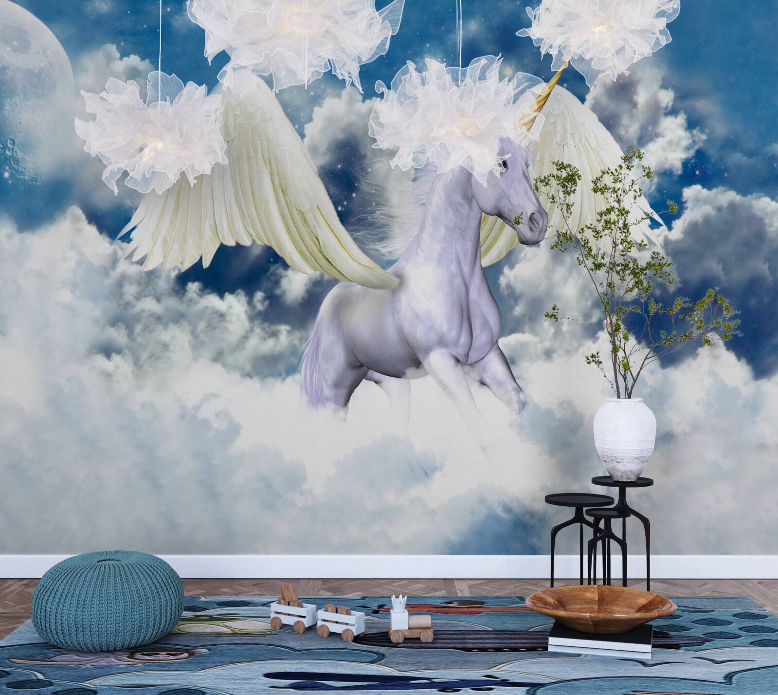 Fotobehang pegasus vliegend tussen de wolken