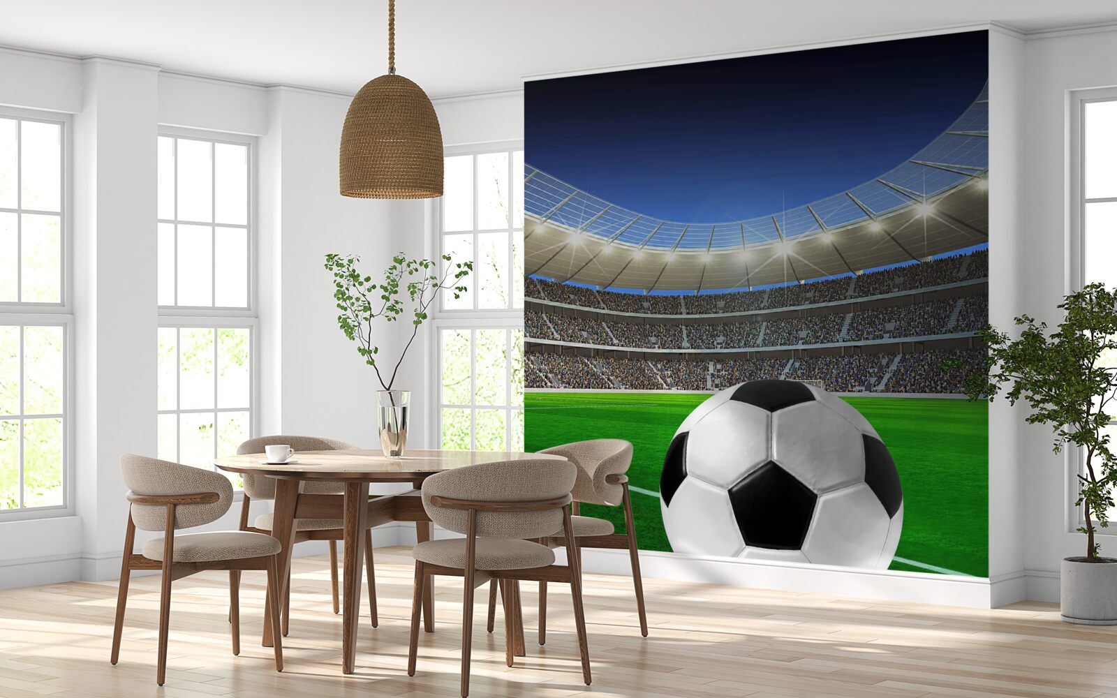 Fotobehang in de arena is er een voetbalveld met een bal