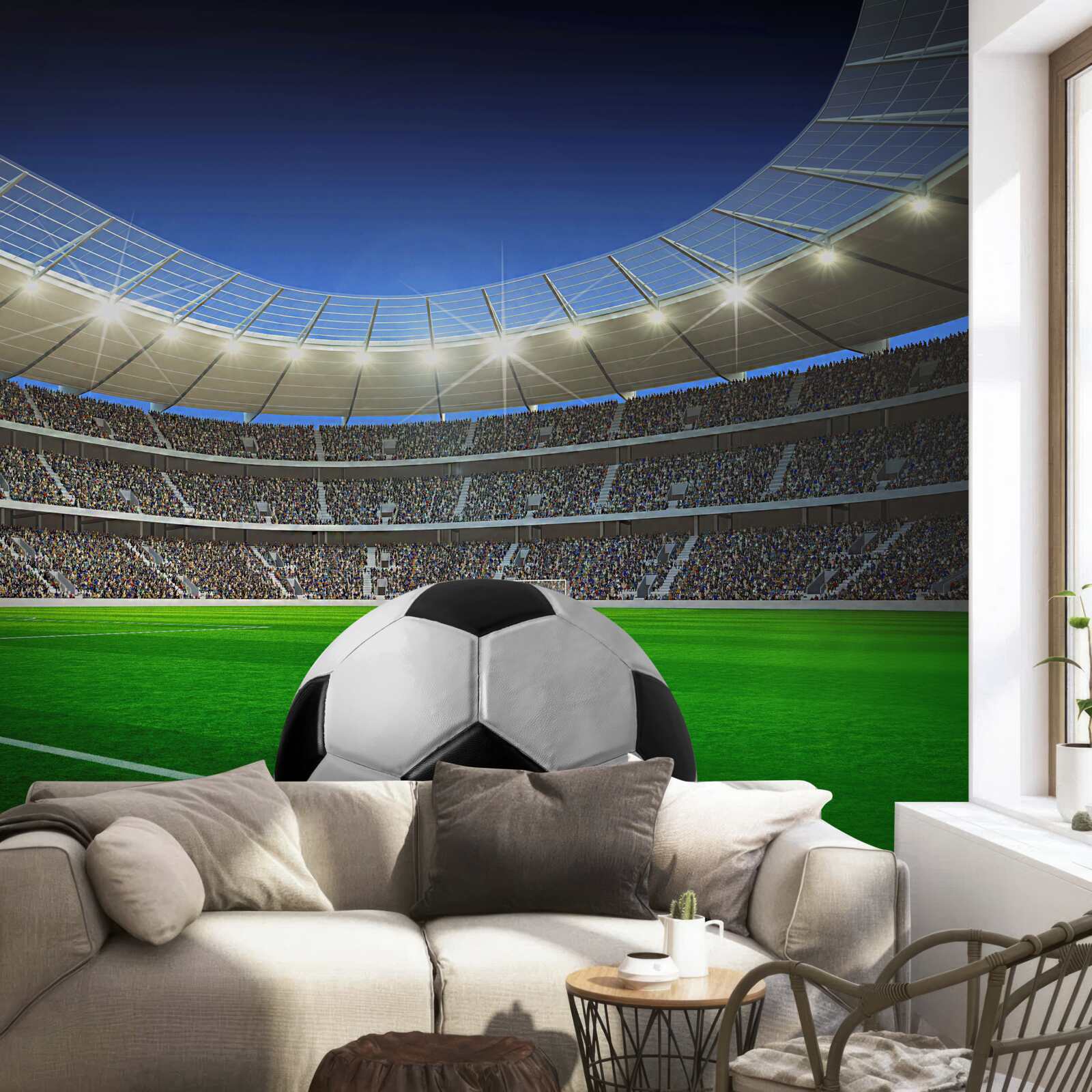 Fotobehang in de arena is er een voetbalveld met een bal