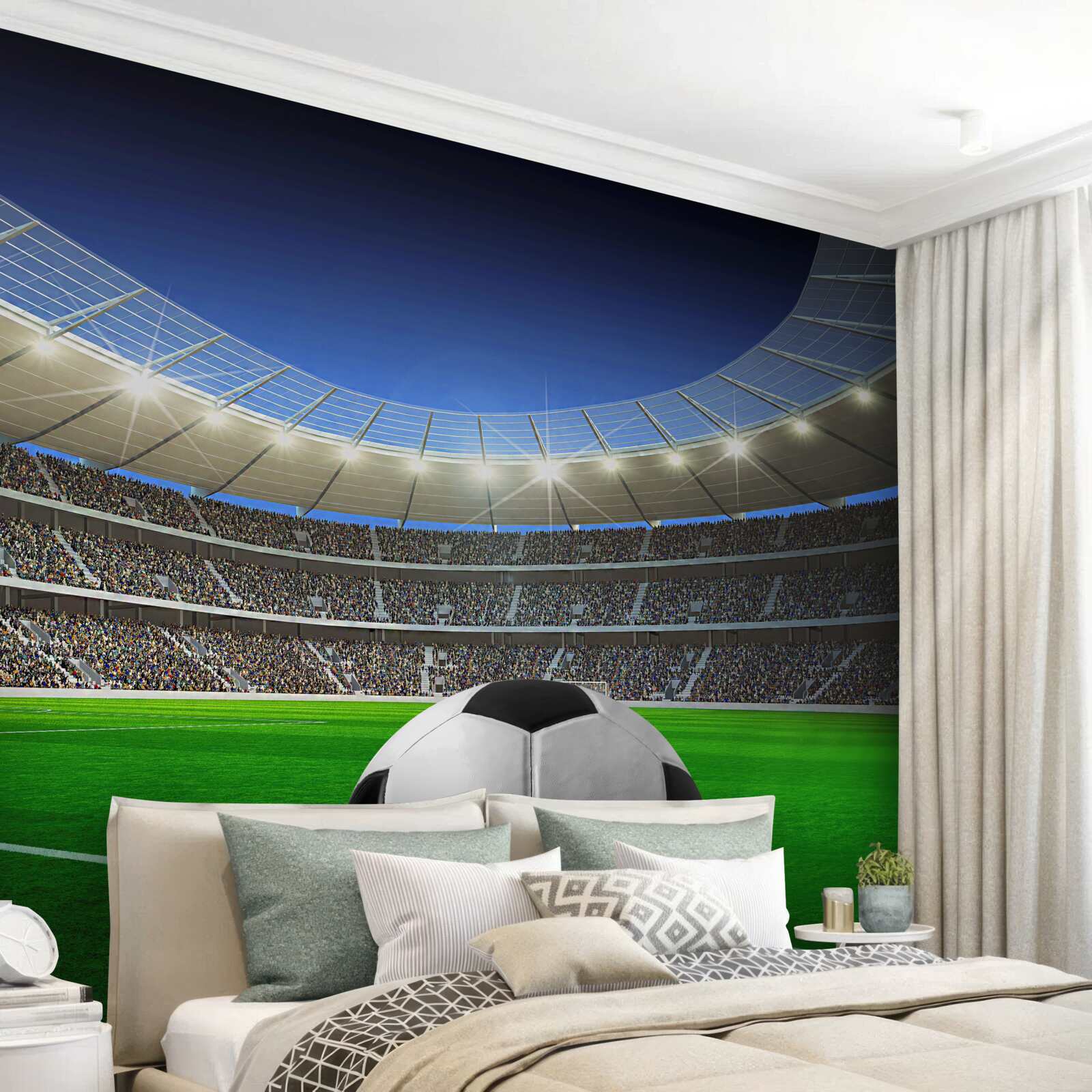 Fotobehang in de arena is er een voetbalveld met een bal
