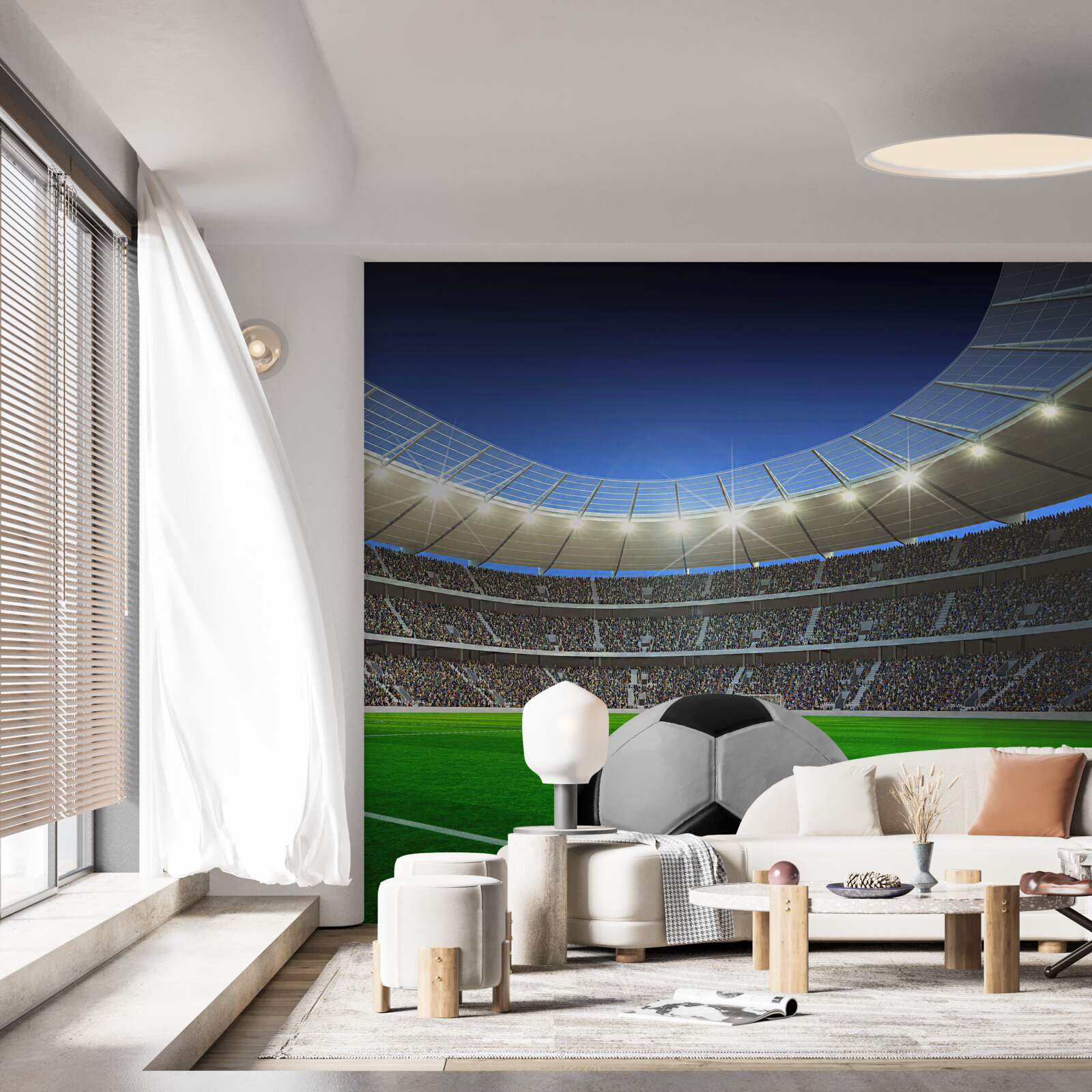 Fotobehang in de arena is er een voetbalveld met een bal