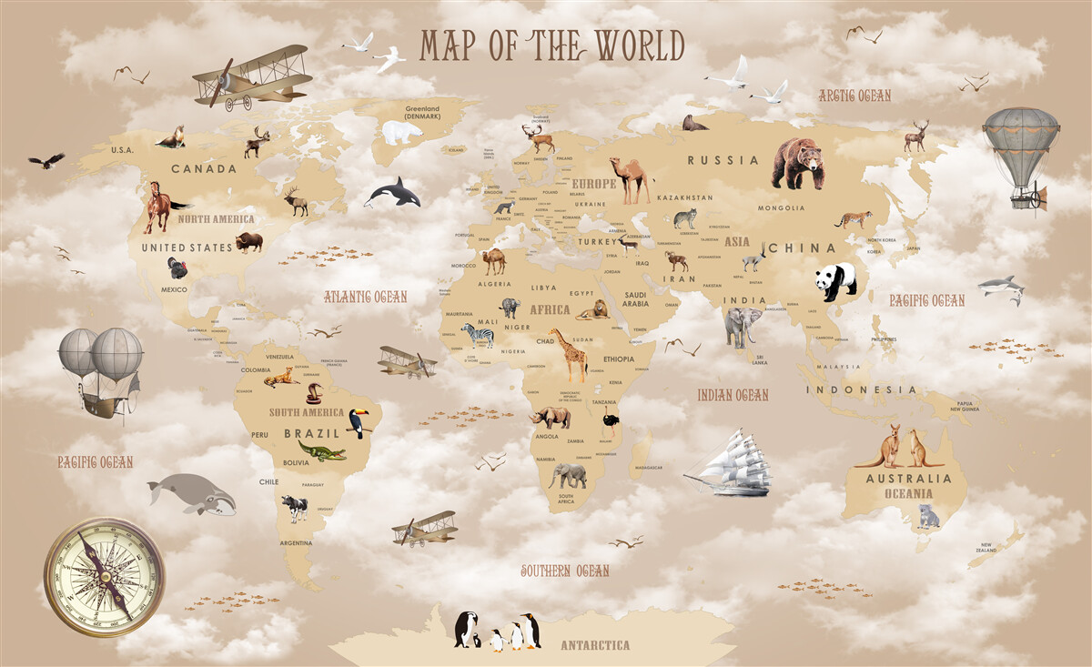 Fotobehang wereldkaart in bruintinten