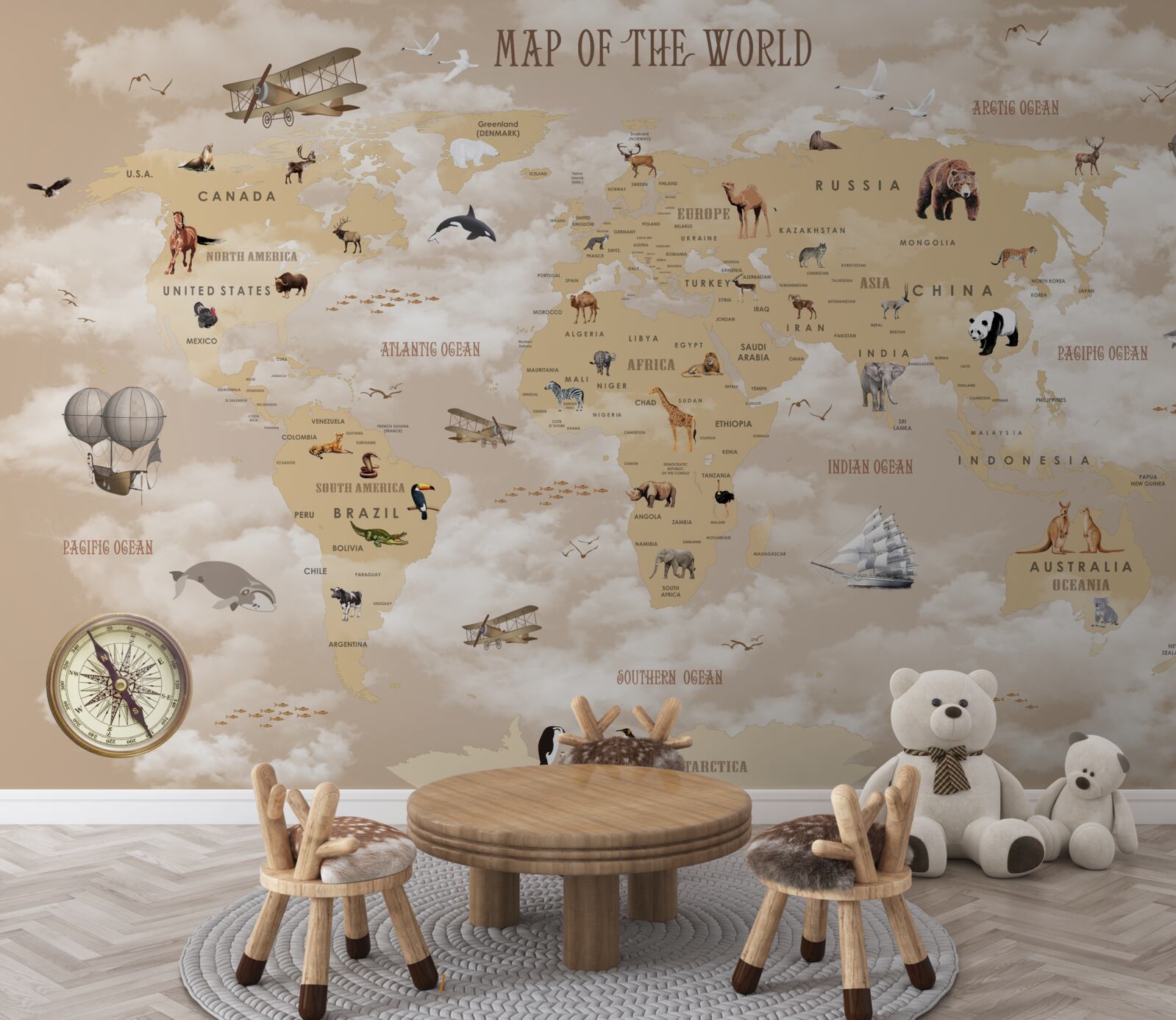 Fotobehang wereldkaart in bruintinten