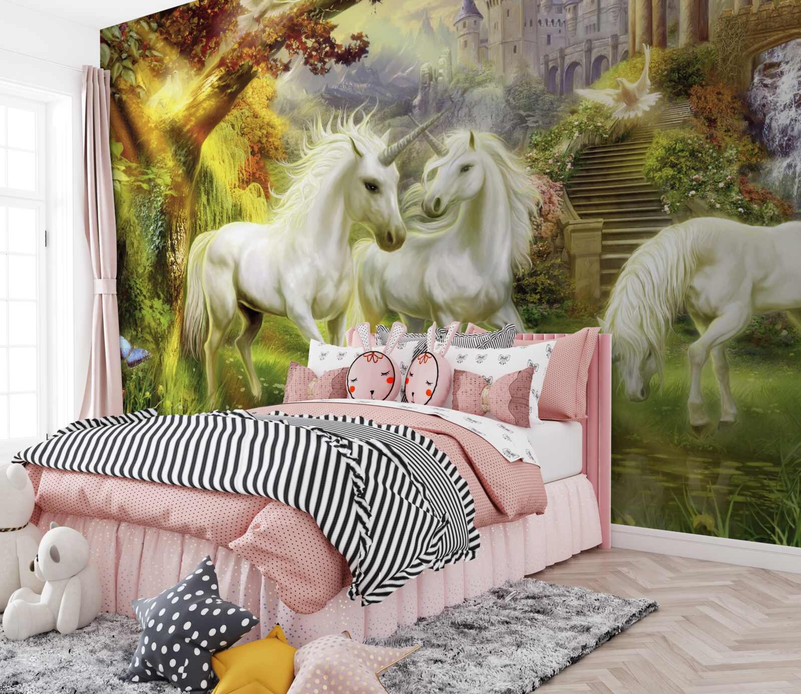 Fotobehang Eenhoorns zijn puur wit in het bos bij het kasteel