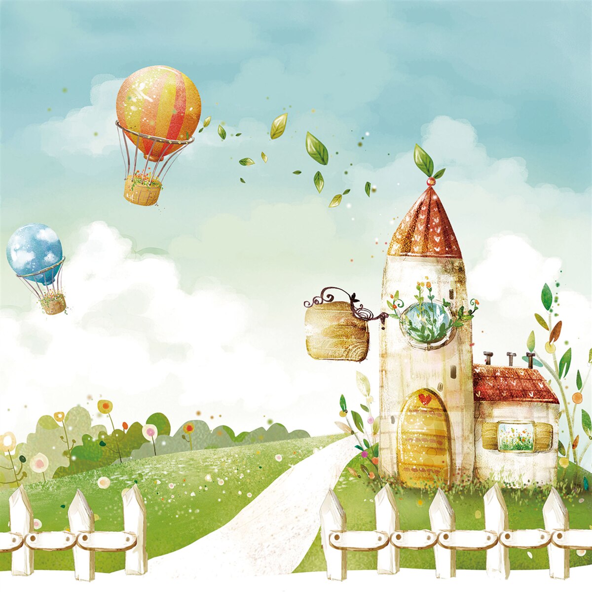 Fotobehang vele heteluchtballonnen vliegen over een landhuis