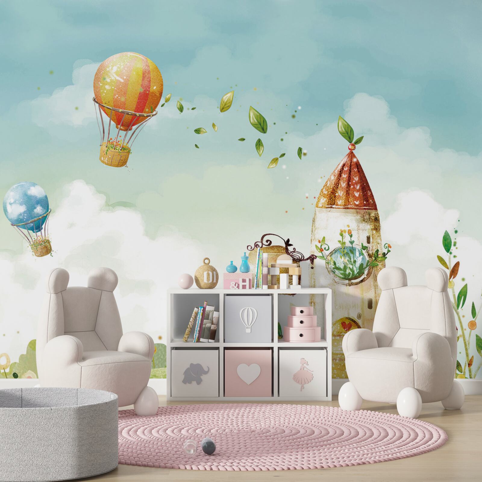 Fotobehang vele heteluchtballonnen vliegen over een landhuis