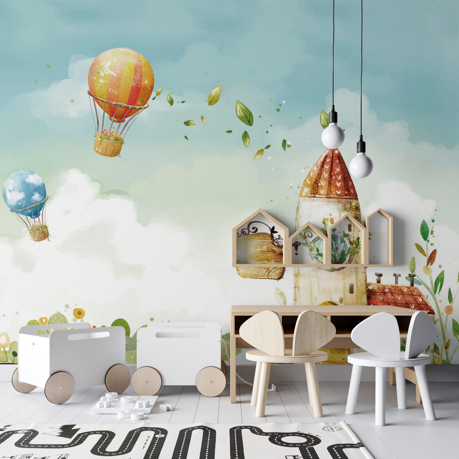 Fotobehang vele heteluchtballonnen vliegen over een landhuis