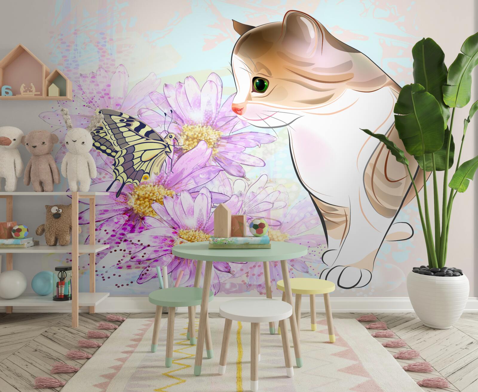 Fotobehang vlinder trok aandacht van kat