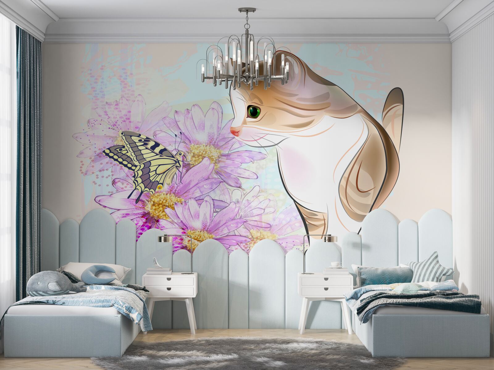 Fotobehang vlinder trok aandacht van kat