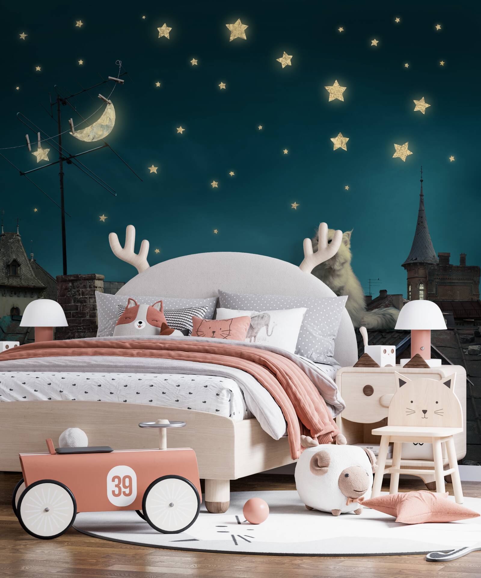 Fotobehang s nachts zit er een witte kat op het dak