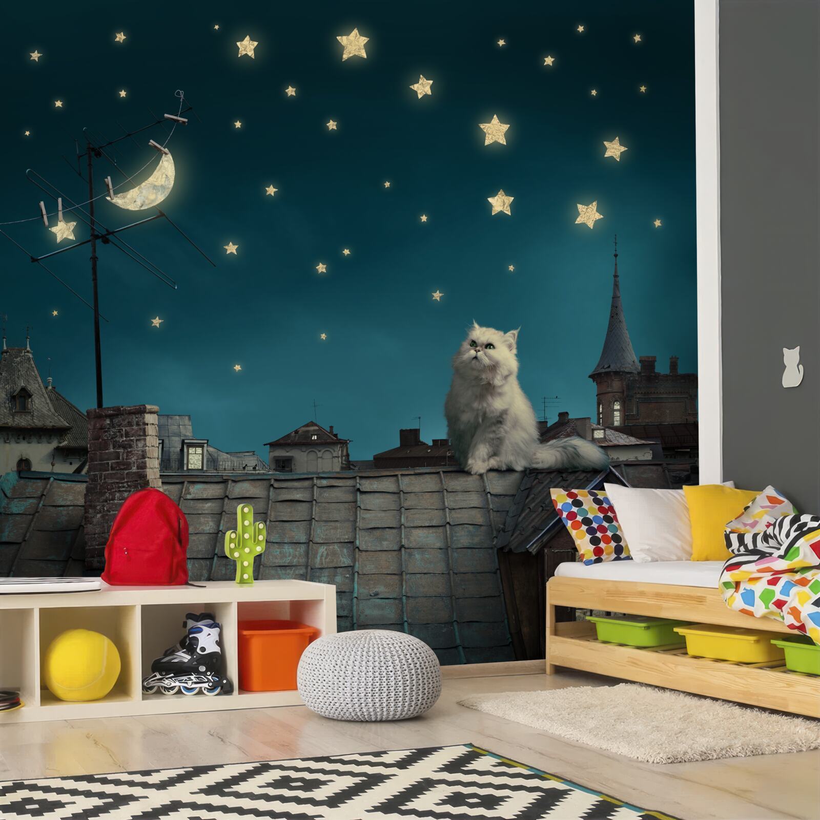 Fotobehang s nachts zit er een witte kat op het dak