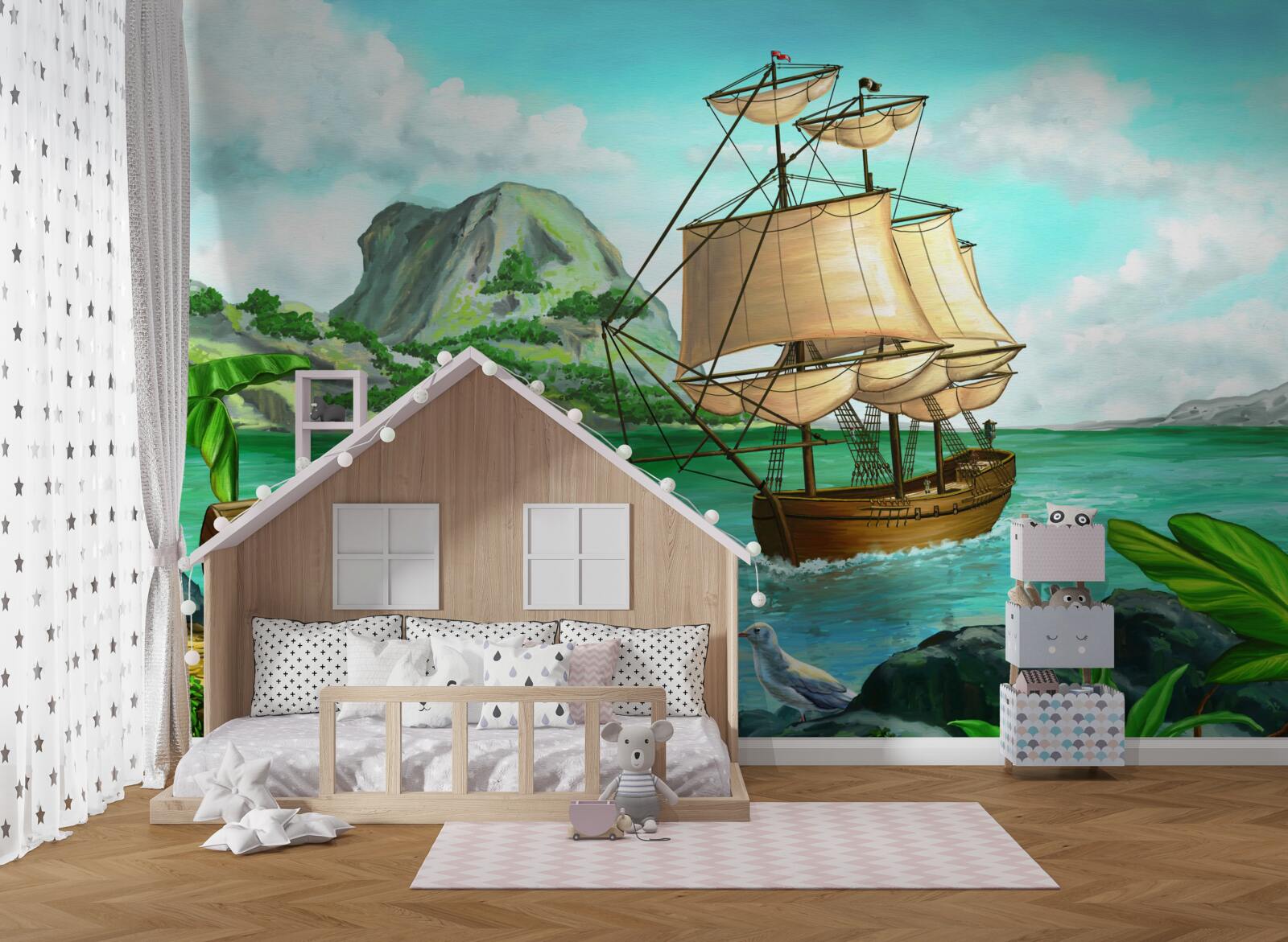 Fotobehang schat aan boord schip nadert kust