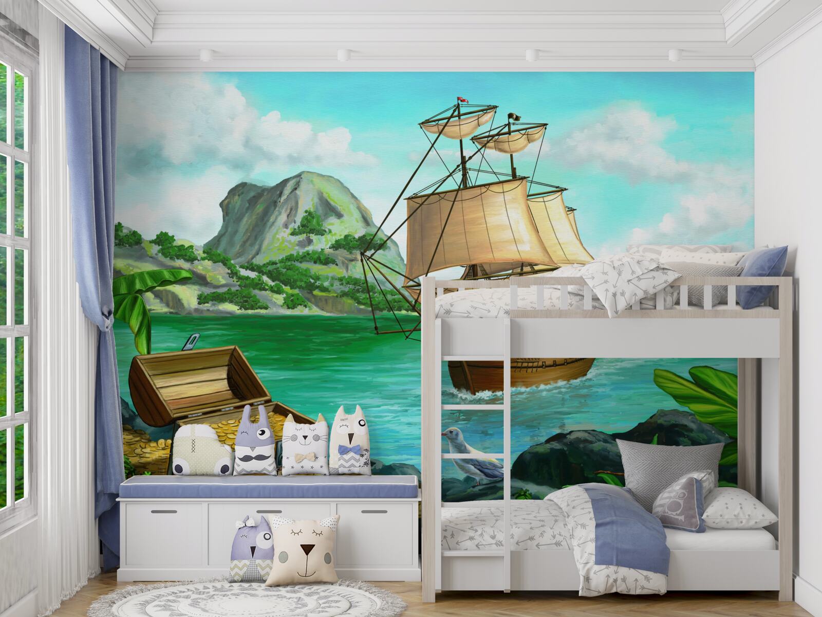 Fotobehang schat aan boord schip nadert kust