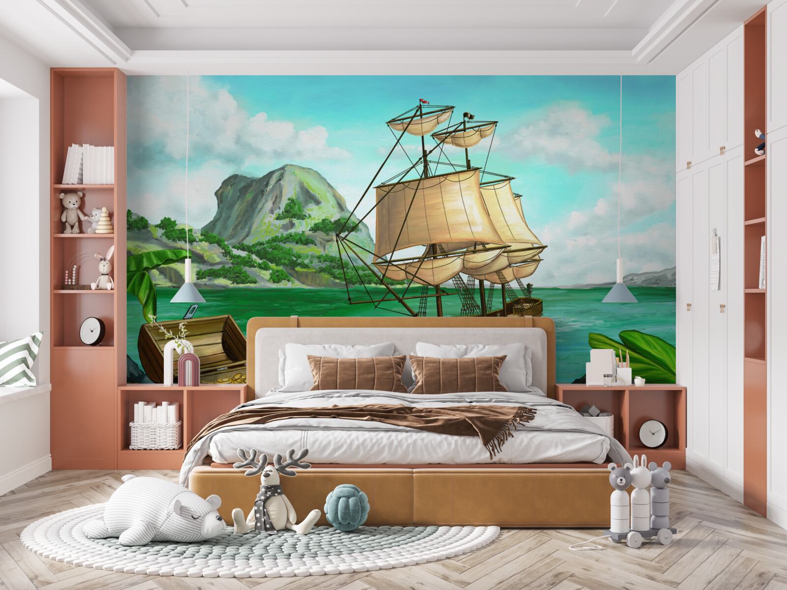 Fotobehang schat aan boord schip nadert kust