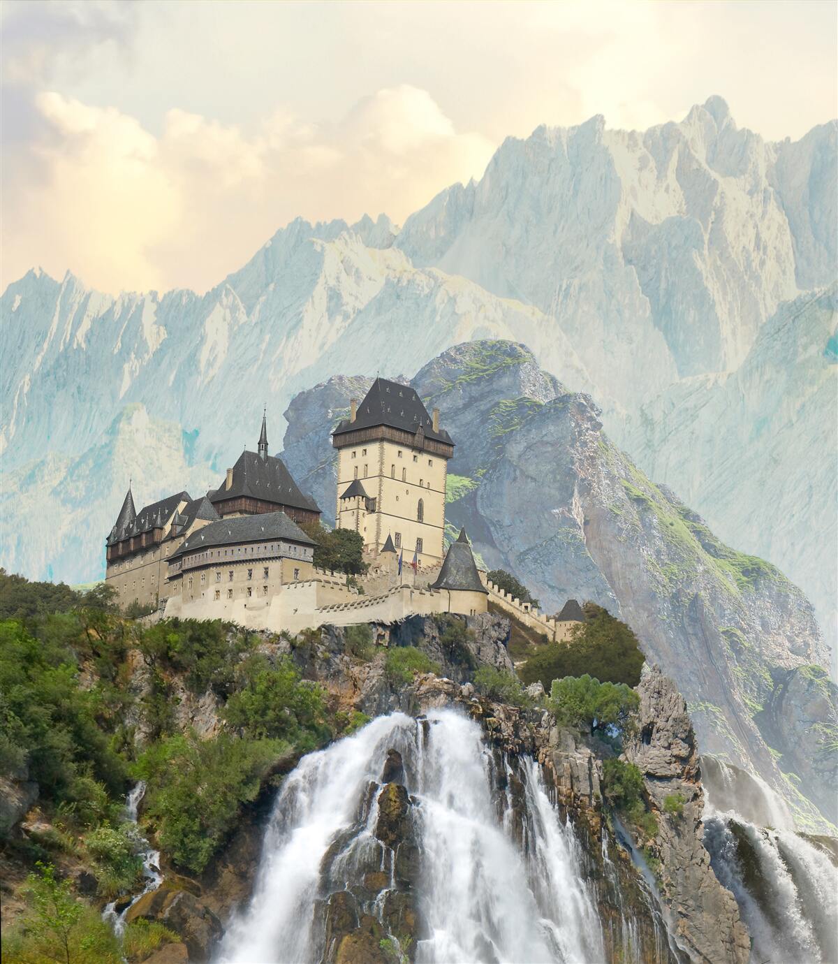 Fotobehang karlštejn is een kasteel in de bergen.