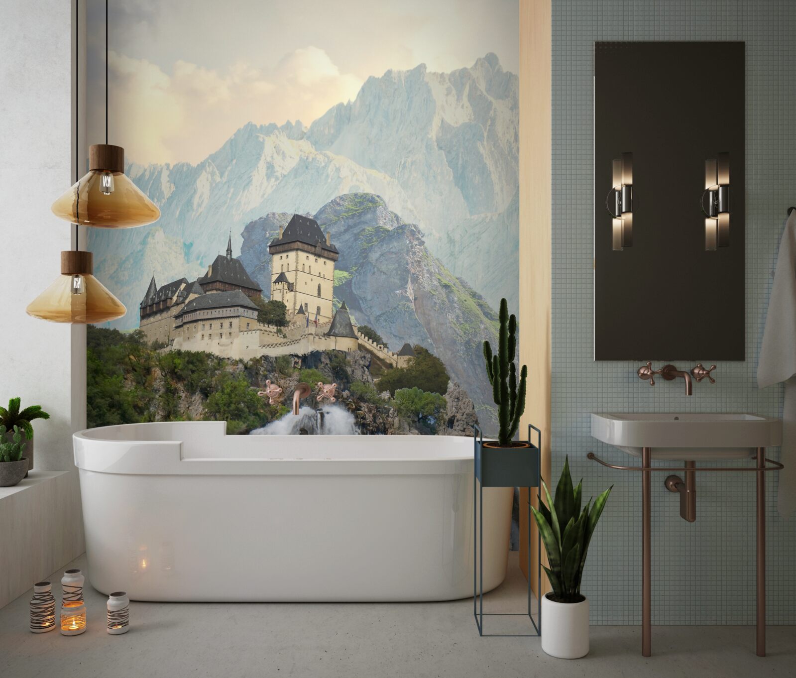 Fotobehang karlštejn is een kasteel in de bergen.