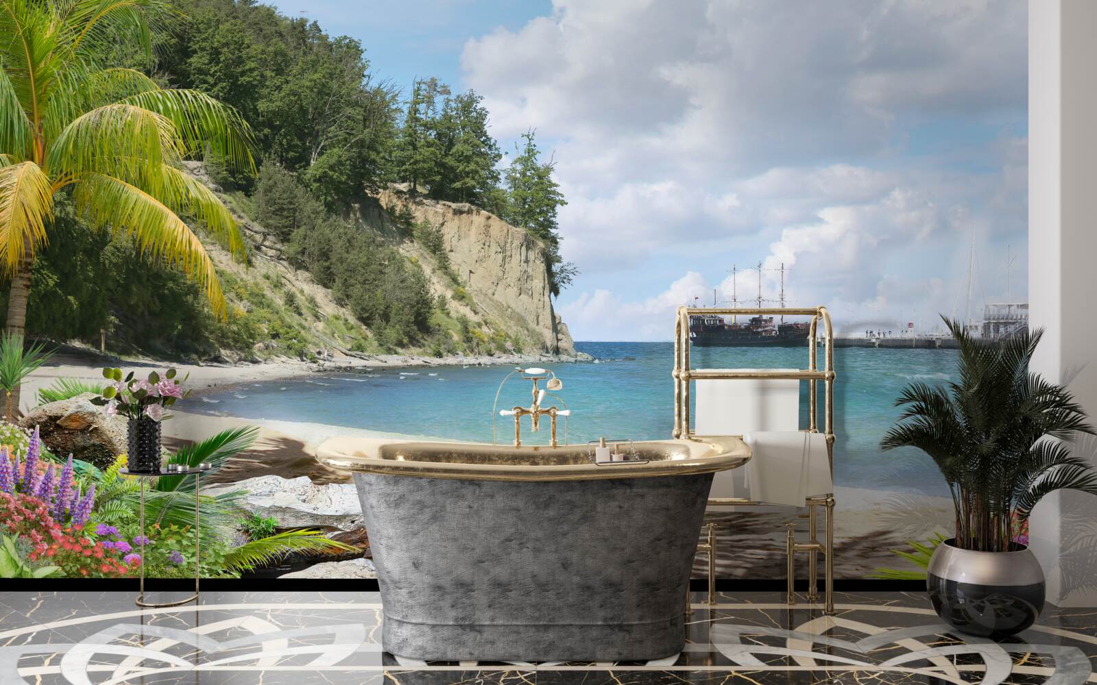 Fotobehang haven met schepen