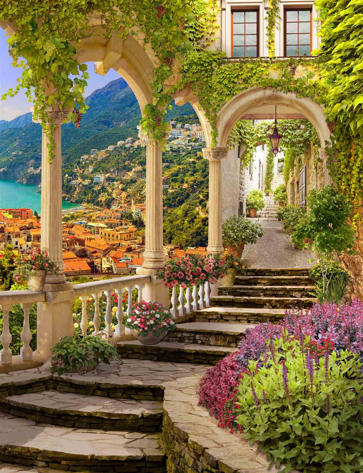 Fotobehang terras aan zee, omringd door bloemen