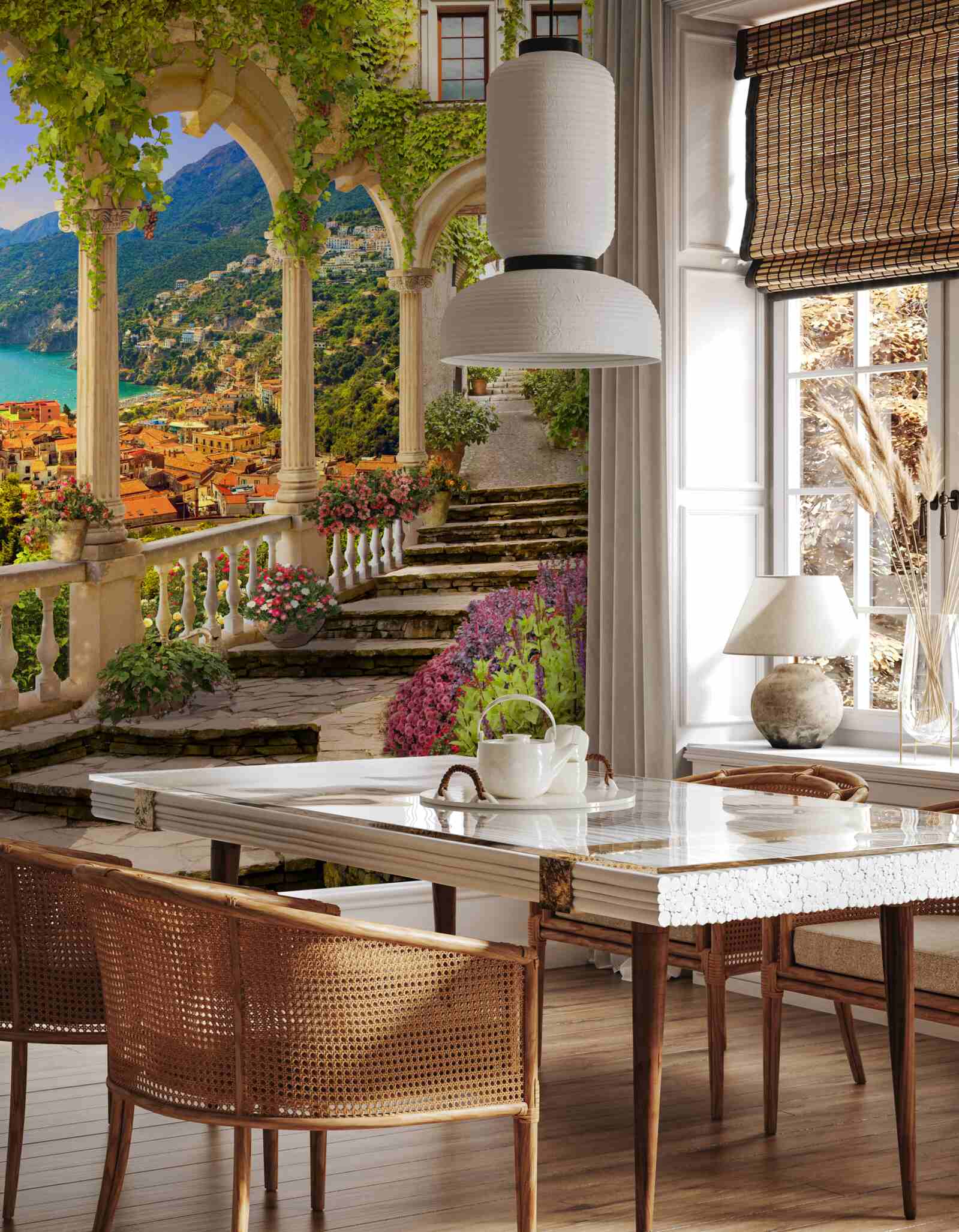 Fotobehang terras aan zee, omringd door bloemen