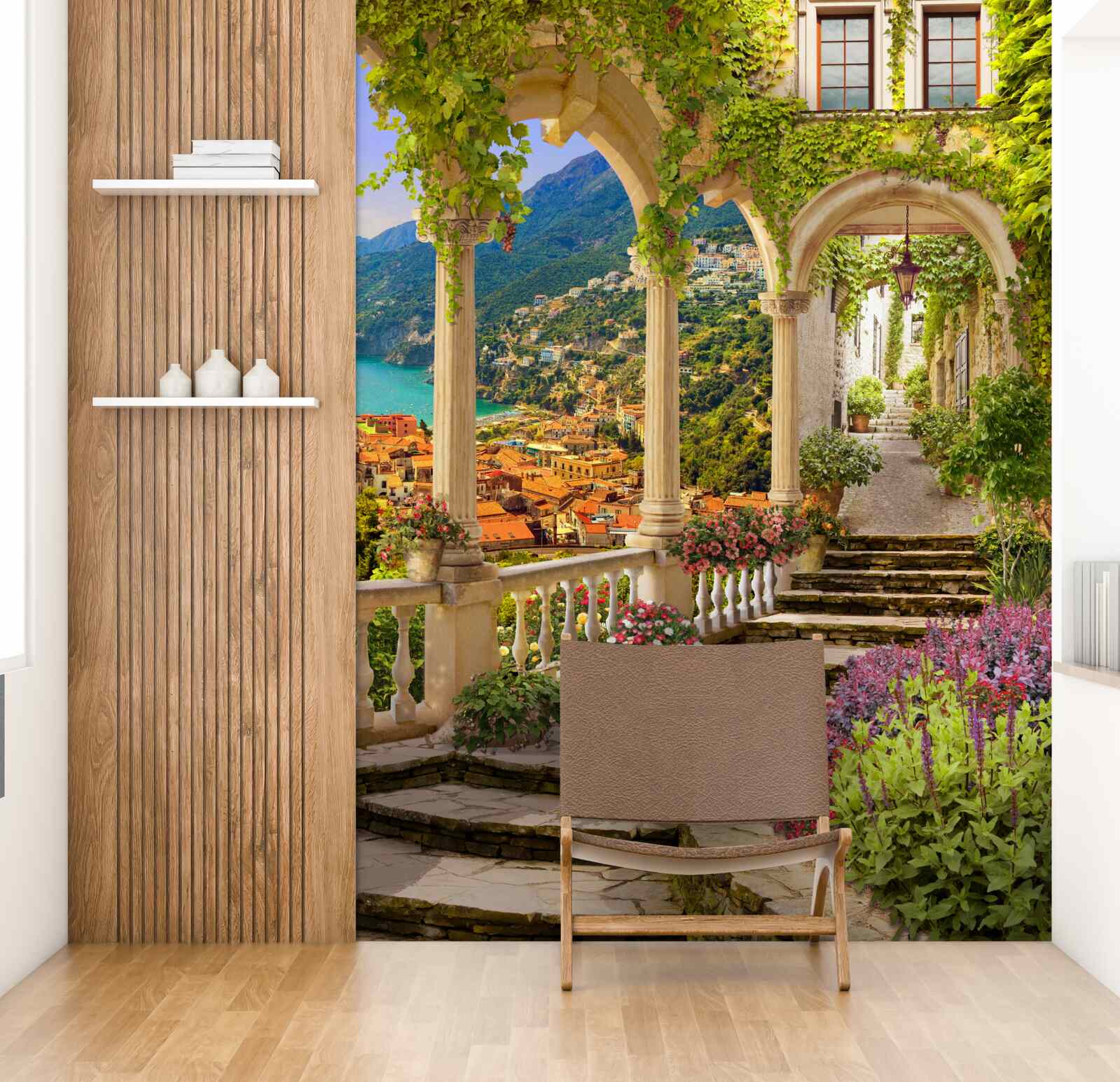 Fotobehang terras aan zee, omringd door bloemen