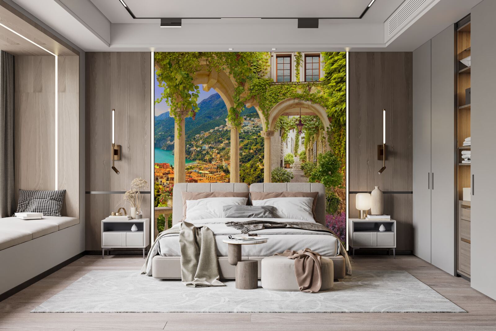 Fotobehang terras aan zee, omringd door bloemen