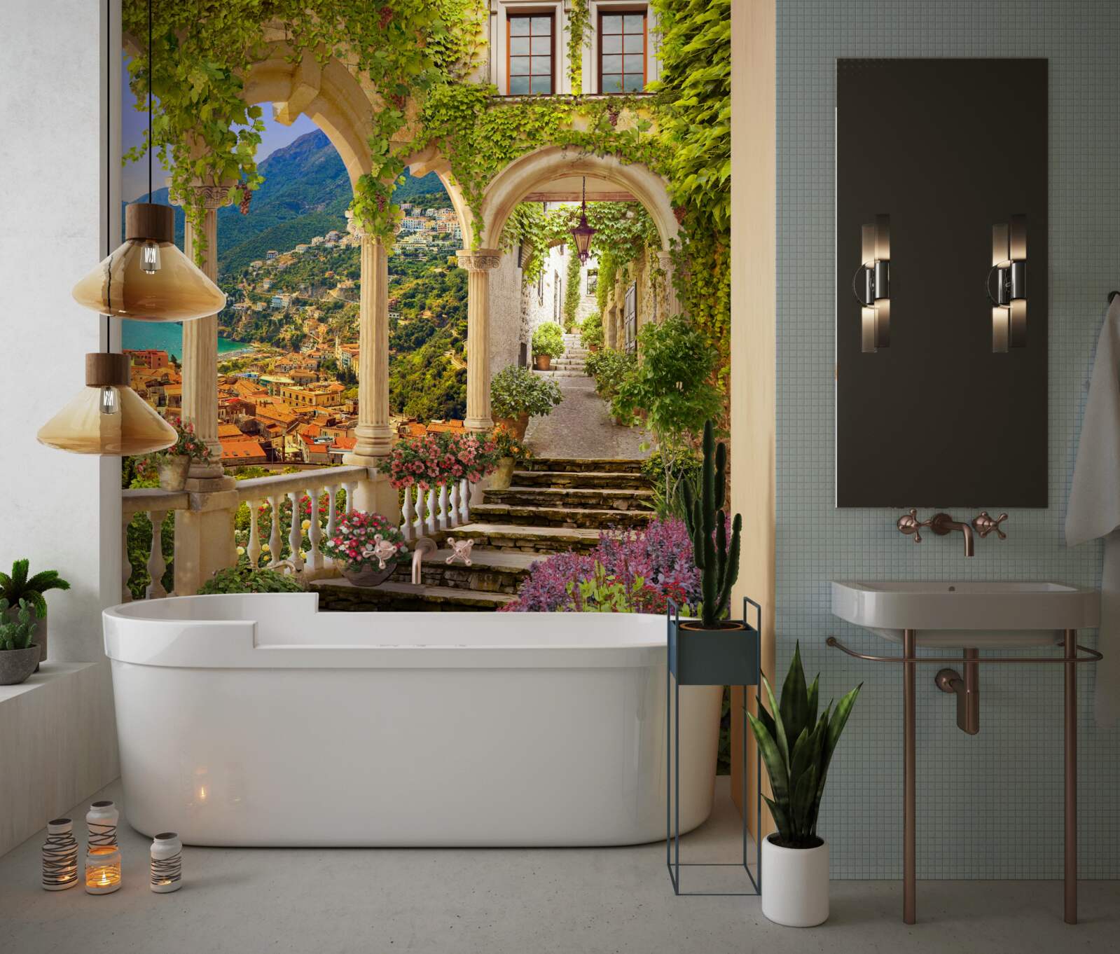 Fotobehang terras aan zee, omringd door bloemen