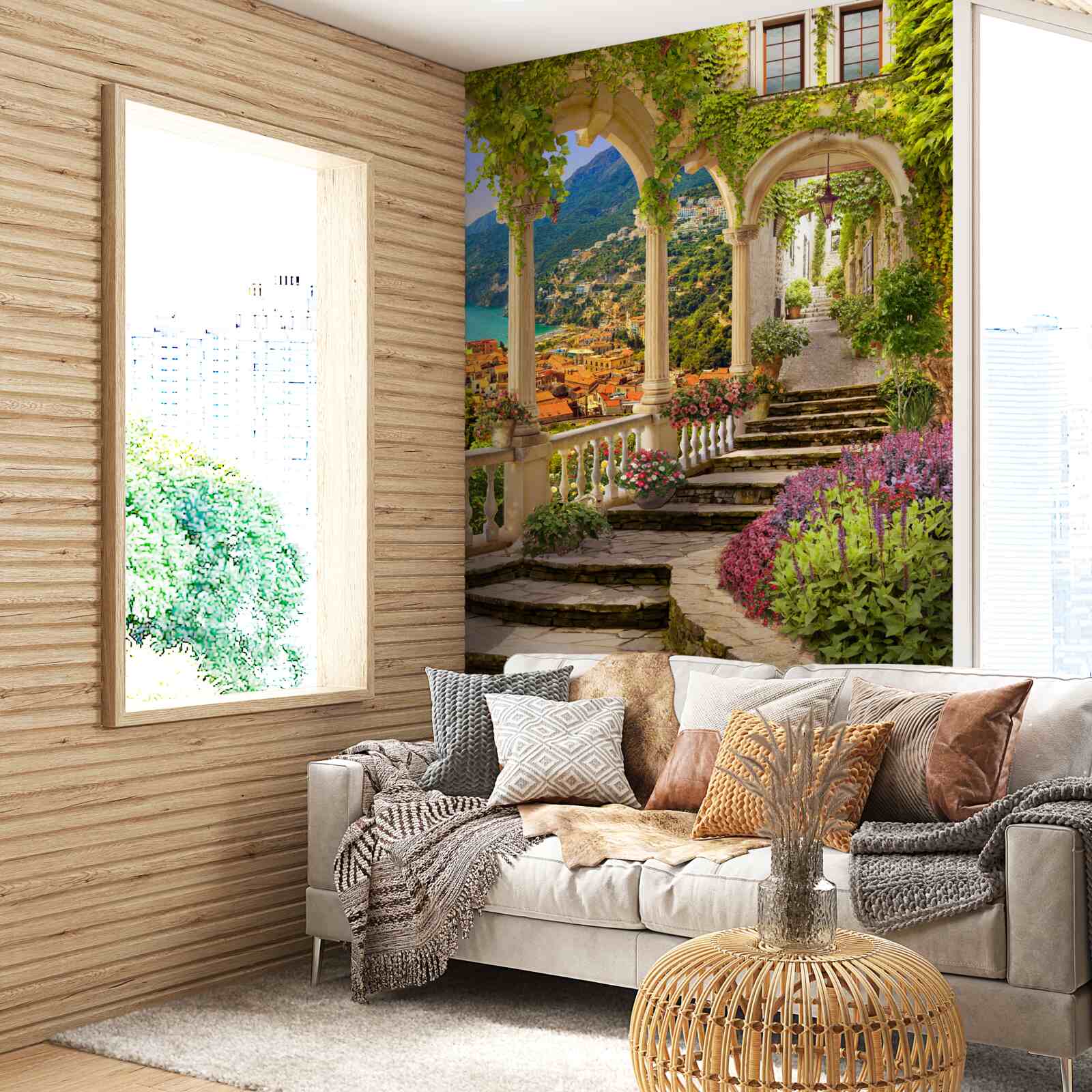 Fotobehang terras aan zee, omringd door bloemen